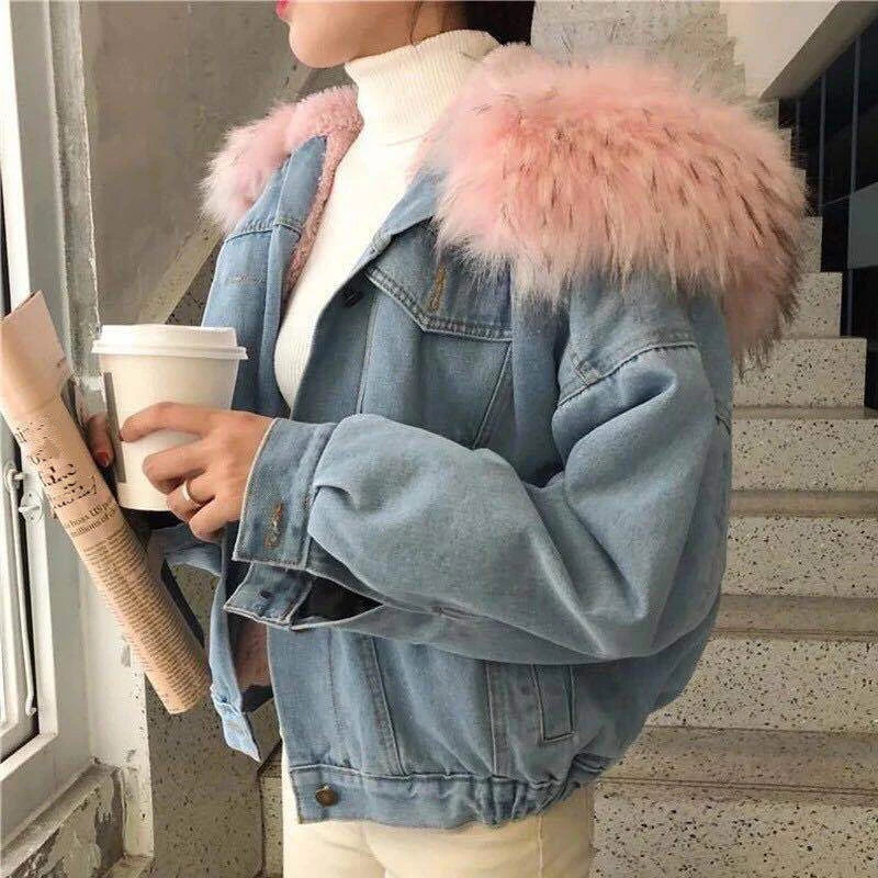 Women's Winter Denim Hooded Coat-Removable Fur Collar, Fleece Lined, Warm Cotton & Polyester Jacket.