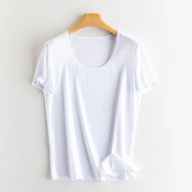 Eesswel Women's V-Neck Silk-Blend T-Shirt | Soft Breathable Summer Tee | Casual Short Sleeve Solid Top – Multiple Colors