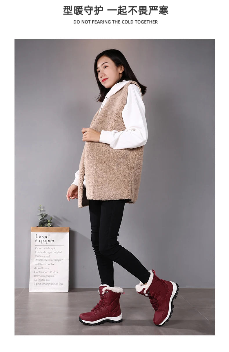 Women's Plush-Lined Waterproof Snow Boots - High-Top Winter Hiking Ankle Boots