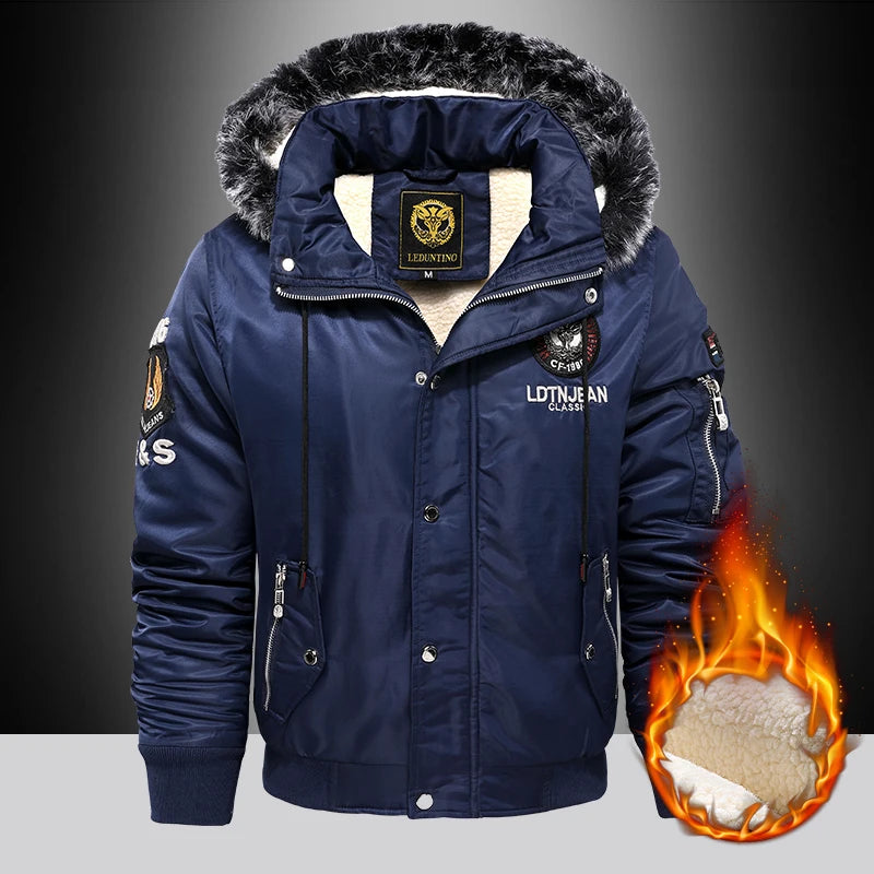 Men's Raw Edge Hooded Aviator Jacket - Winter Warmth with Embroidered Style.