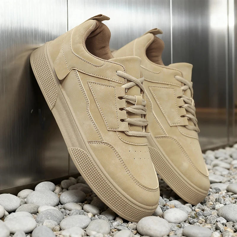 Men's Suede Leather Casual Sneakers – Height Increasing Hard-Wearing Lace-Up Low-Top Shoes | Black, Grey & Beige | Spring/Autumn