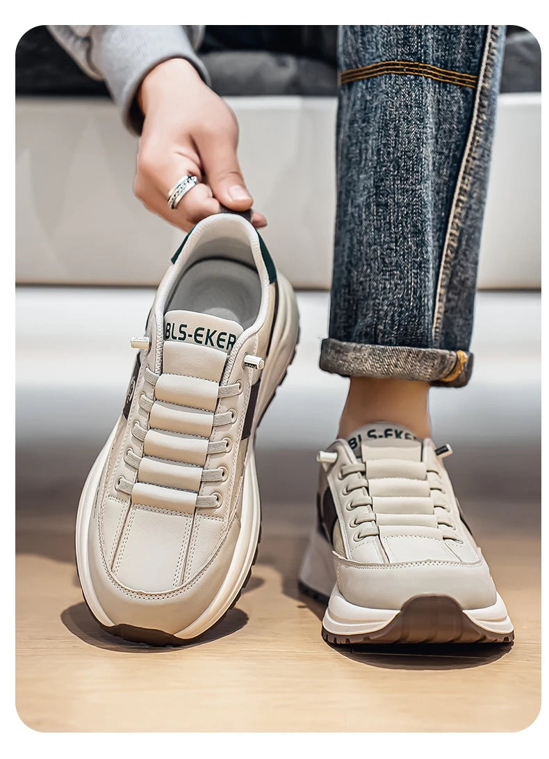 Men's Bonded Leather Lace-Up Casual Sneakers – Breathable Comfort, Non-Slip Rubber Outsole | Fashion Running Style | Black, Beige & Grey | Spring/Autumn