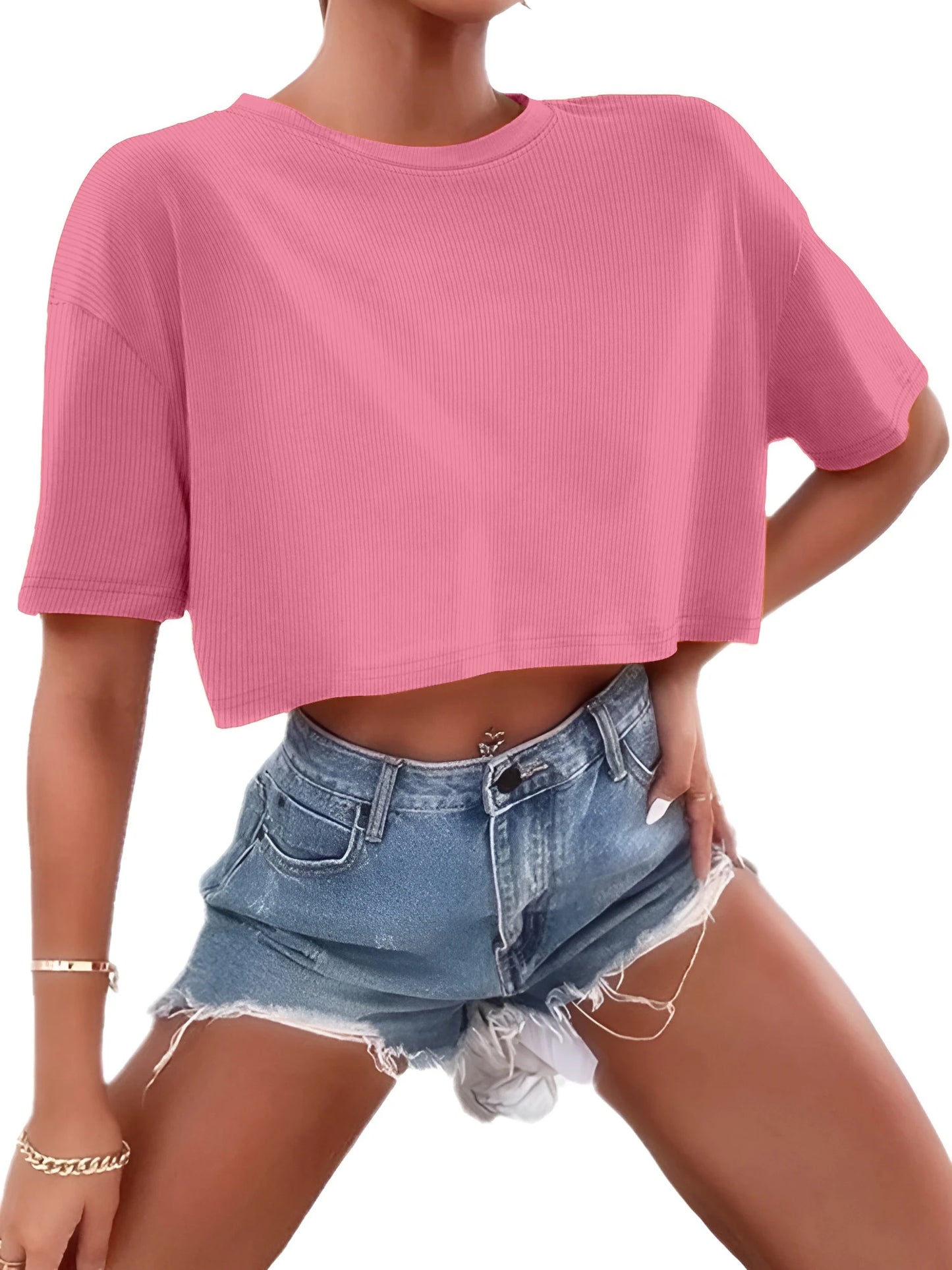 Women's Ribbed Crop Top | Short Sleeve Stretch Tee | Y2K Casual Summer Streetwear