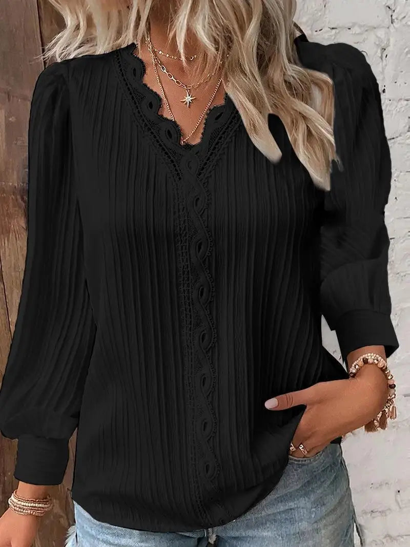 Women's LEDP Lace Detail V-Neck Blouse — Long Sleeve Textured Office Shirt | Elegant Pullover Top for Work & Casual | Autumn & Winter 2025