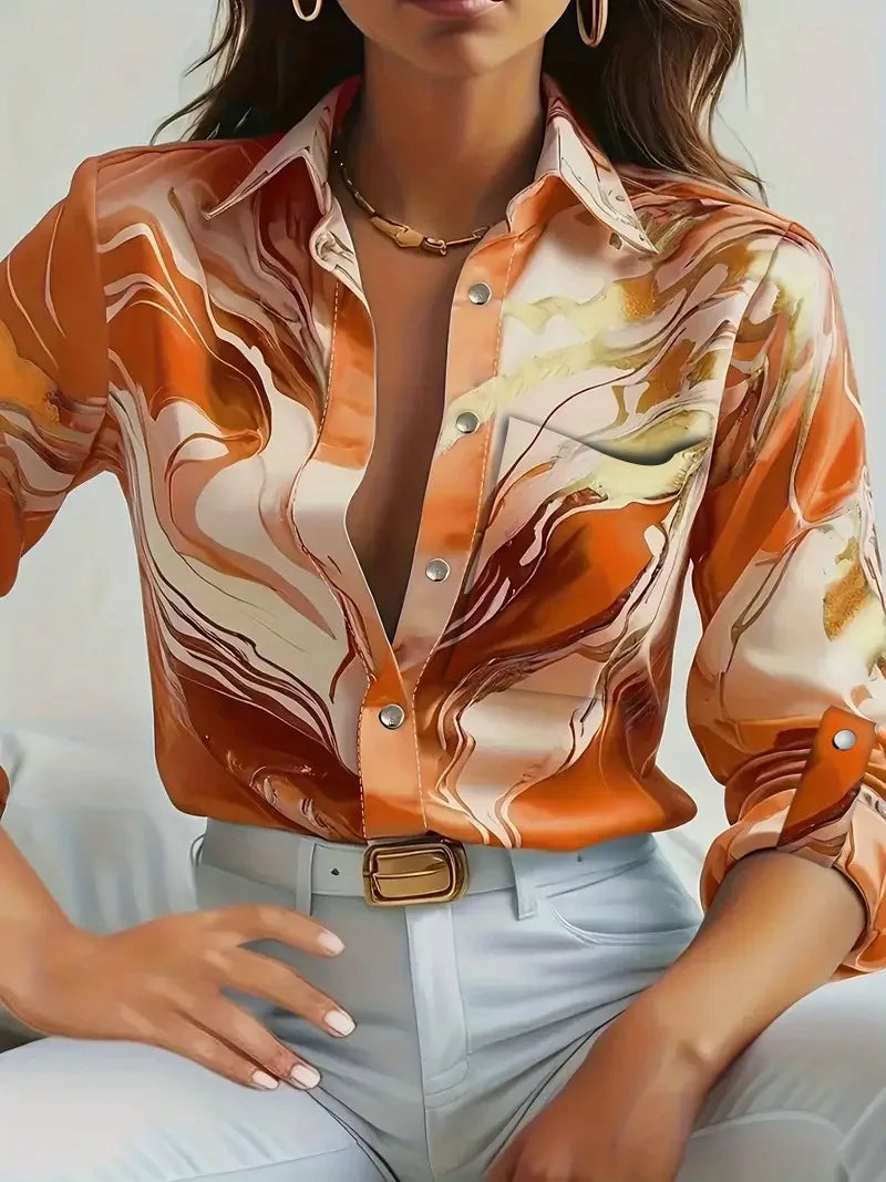Women's Nowsaa Abstract Print Button-Down Blouse — Long Sleeve Turn-Down Collar Casual Office Top | Vintage Broadcloth Shirt for Spring & Summer
