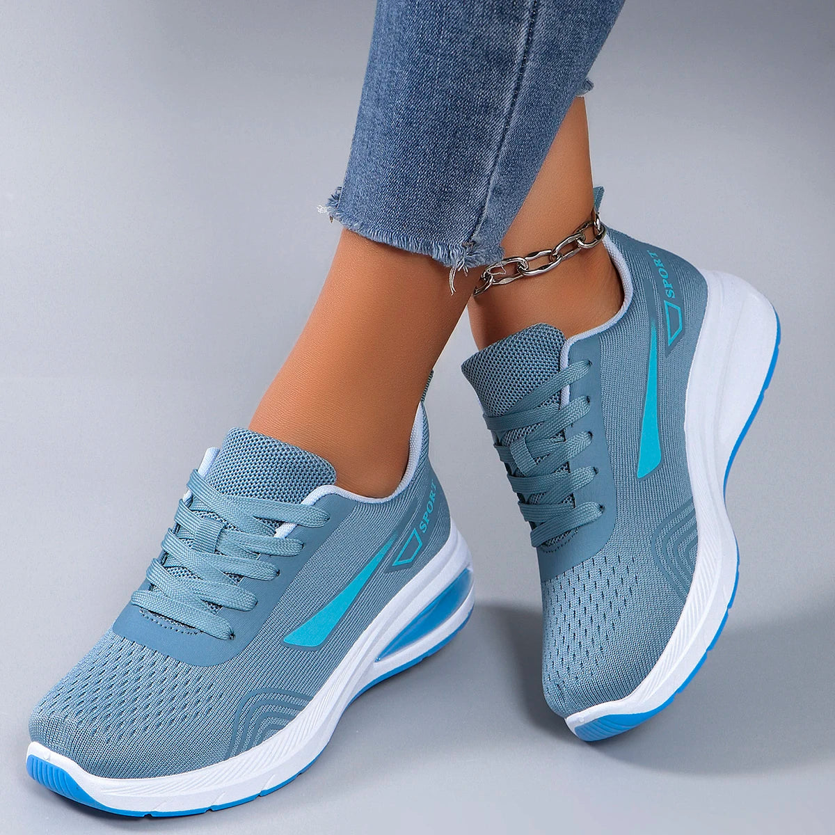 Women's Air Cushion Lace-Up Sneakers – Breathable Mesh Color-Block Running Style Shoes with Rubber Sole