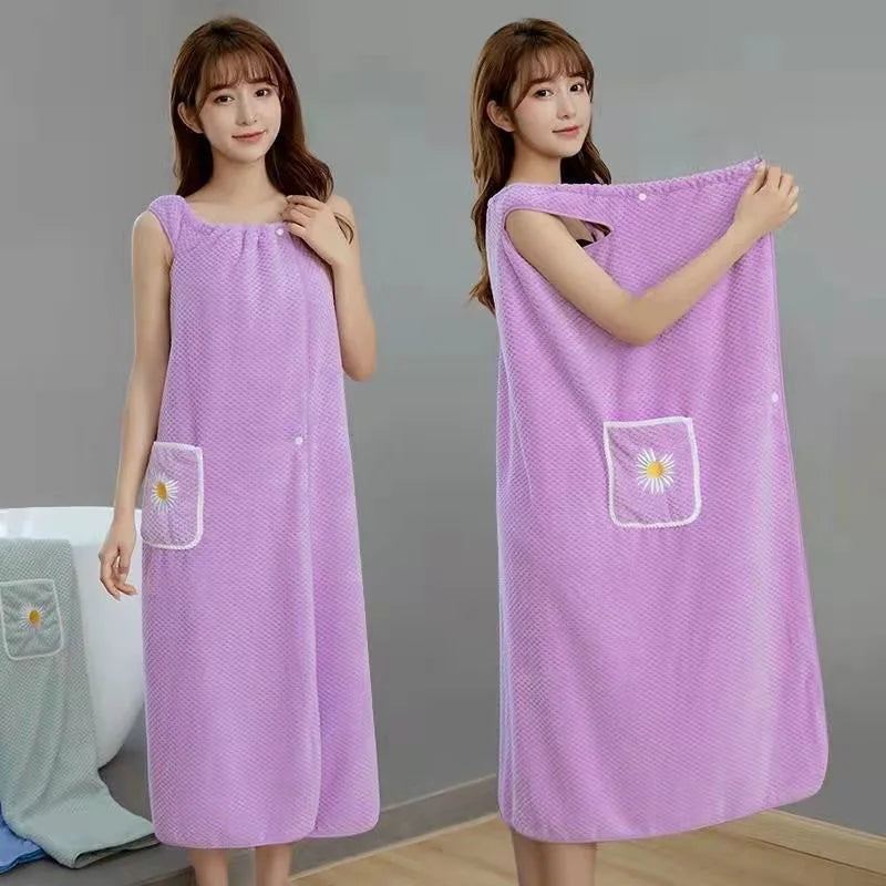Women's Premium Combed Cotton Bath Wrap - Soft Wearable Towel Robe with Pocket for Home & Spa