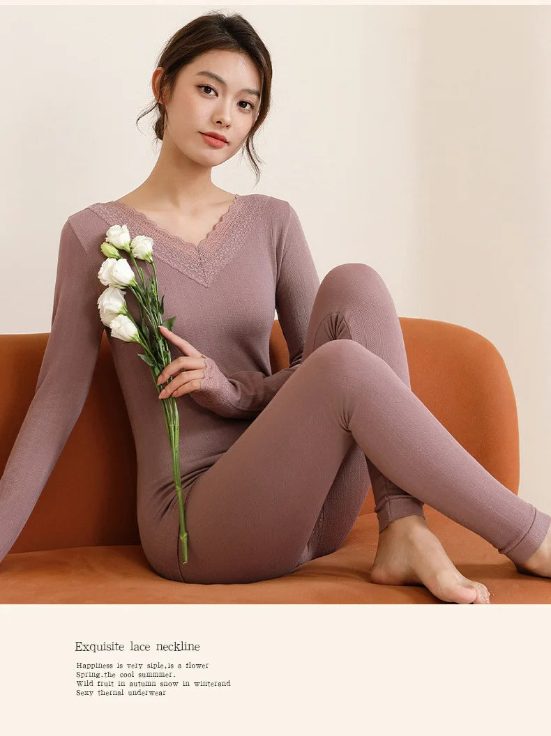 Women's Winter Lace Thermal Underwear Set: Long Sleeve V-Neck Blouse & Slim Fit Pants for Cozy Autumn Style.