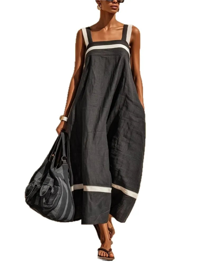 Women's Loose Suspender Dress with Pockets | Solid A-Line Midi Dress | Casual Summer Sleeveless Square Neck Sundress