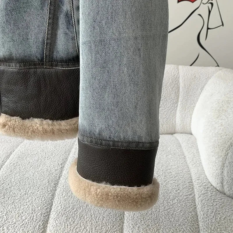 Women’s Premium Denim Winter Jacket - Natural Sheep Leather, White Fur Collar & Goose Down Lining