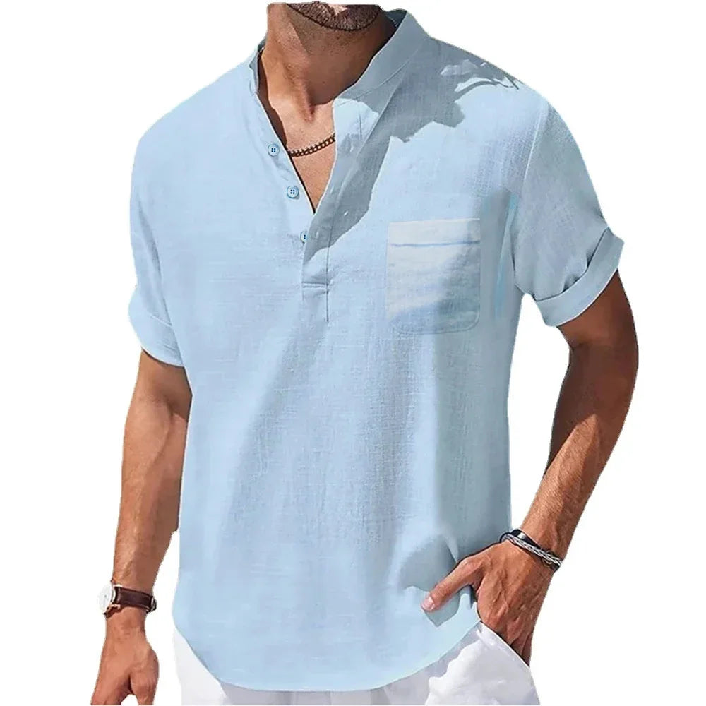 Men's Casual Henley Collar Shirt | Short Sleeve Cotton Linen Summer Top – FURCW