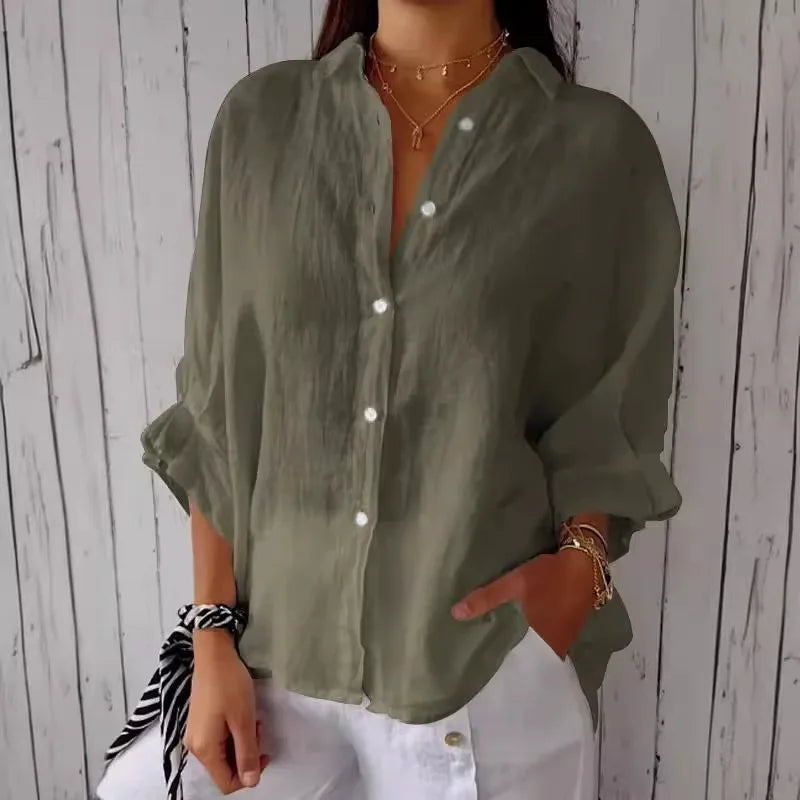 Women's Cotton Linen Button-Up Shirt - Casual Loose Fit Blouse for Summer