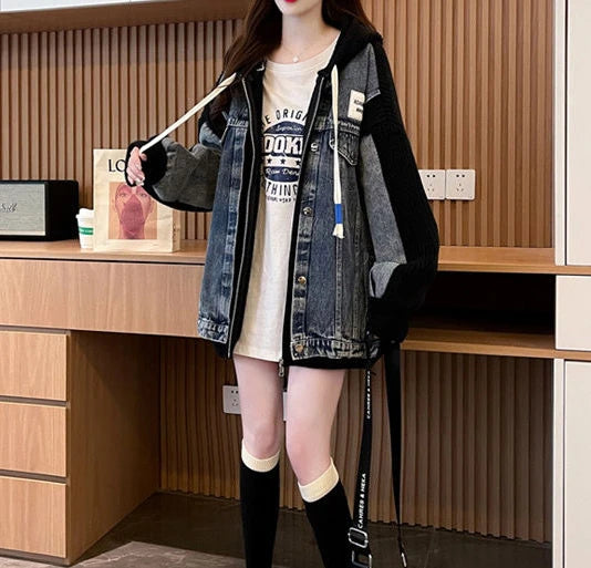 Women's Chic Black Denim Jacket-Winter 2024 Hooded Graphic Outerwear.