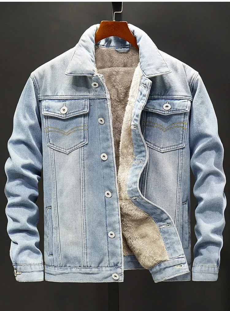 Men's Washed Denim Jacket - Casual Single Breasted Cardigan with Turn Down Collar & Pockets