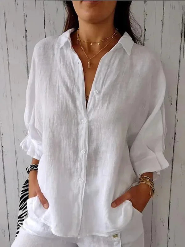 Women's Cotton Linen Button-Up Shirt - Casual Loose Fit Blouse for Summer