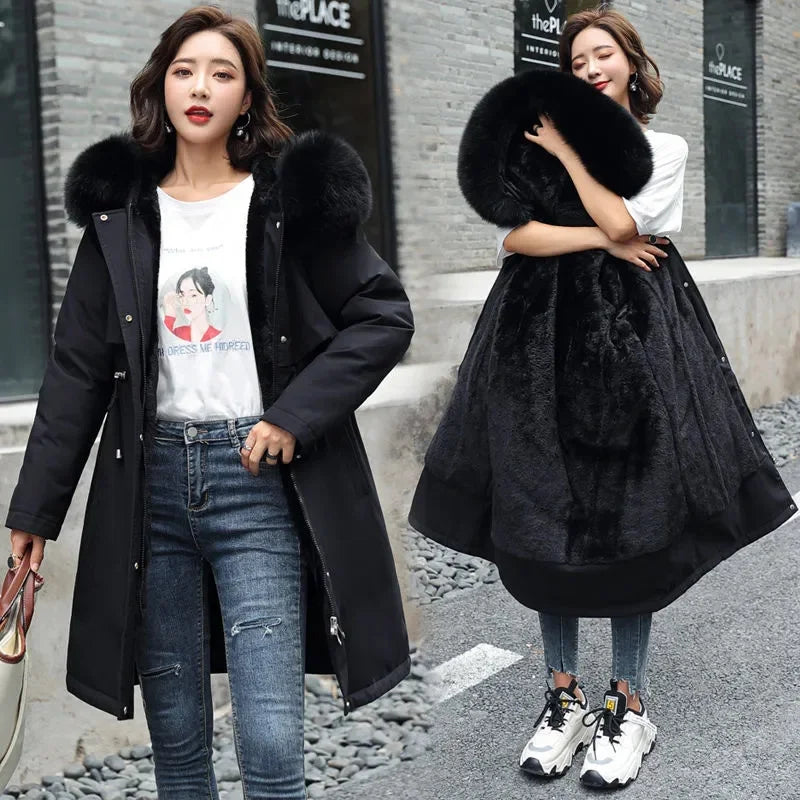 Women's Luxe Winter Parka: Thick Padded Coat with Wool Liner & Fur-Trimmed Hood-Stylish Snow Wear in Cotton-Polyester Blend.