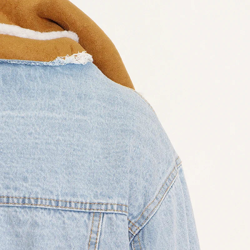 Women's Winter Denim Spliced Hooded Lamb Wool Jacket for Women-Thick Cotton Outwear with Double Pockets & Single-Breasted Closure.