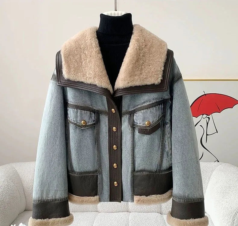 Women’s Premium Denim Winter Jacket - Natural Sheep Leather, White Fur Collar & Goose Down Lining