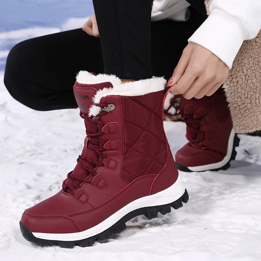 Women's Plush-Lined Waterproof Snow Boots - High-Top Winter Hiking Ankle Boots
