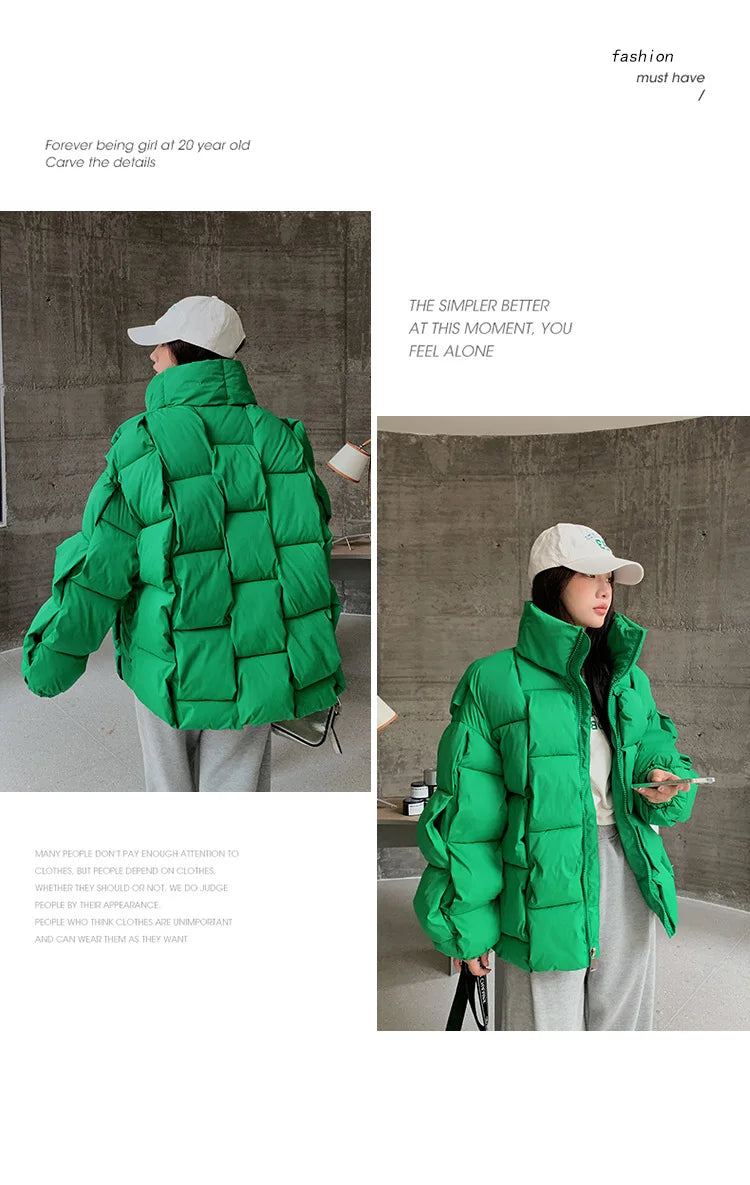 Women's Oversized Puffer Jacket - Warm Cotton Filled Winter Coat with Stand Collar