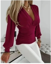 Women's Geometric Print V-Neck Blouse - Long Sleeve Bodycon Top for Fall & Winter