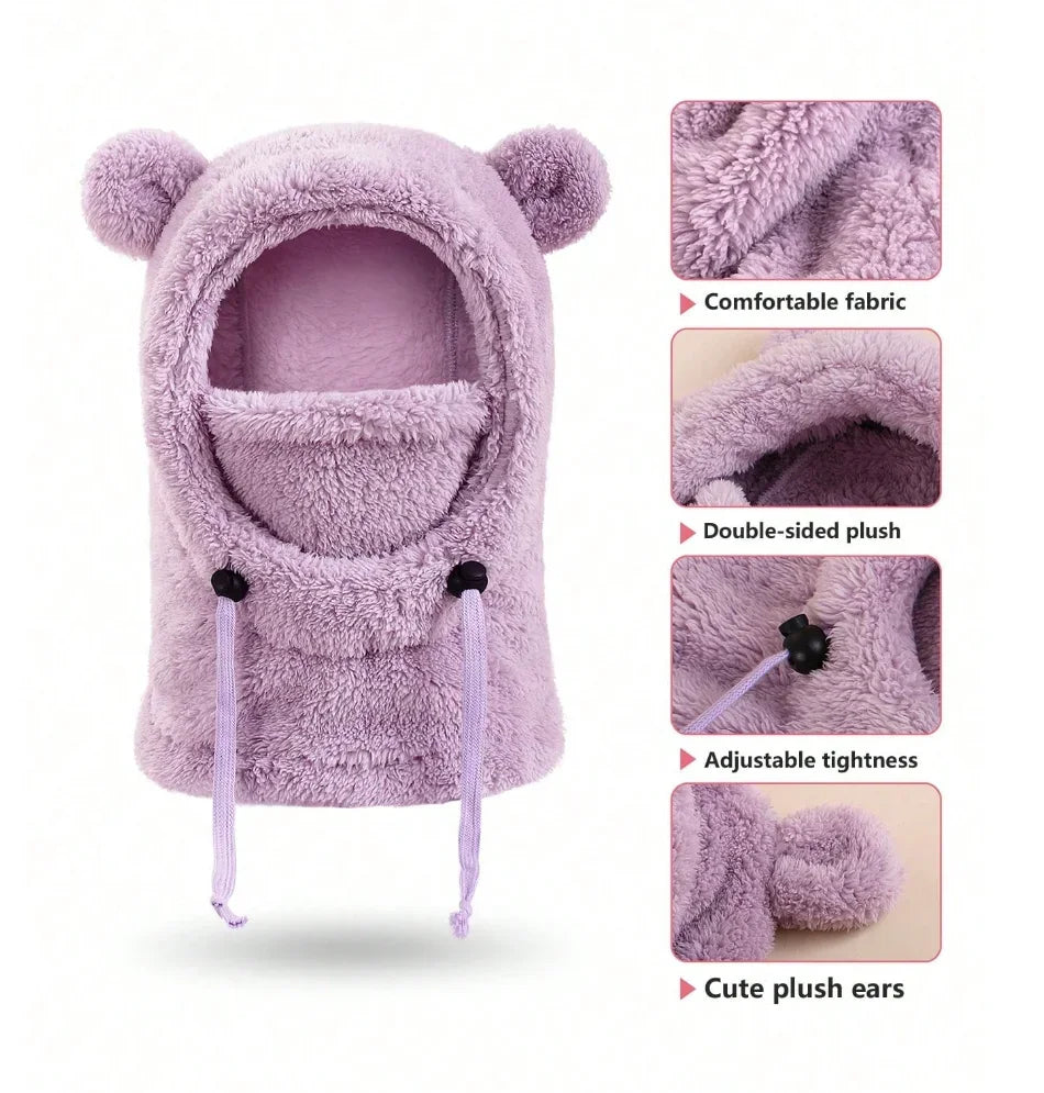 Unisex Kids Cute Bear Ear Winter Hood - All-in-One Face Cover & Scarf | Polyester Warm Balaclava Ages 2-8