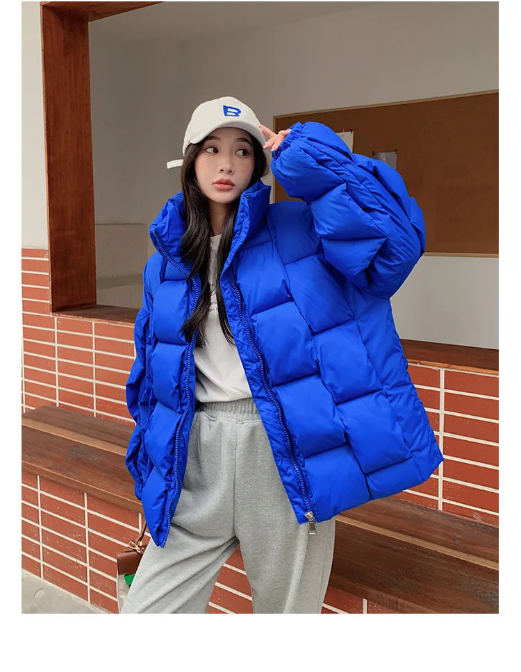 Women's Oversized Puffer Jacket - Warm Cotton Filled Winter Coat with Stand Collar