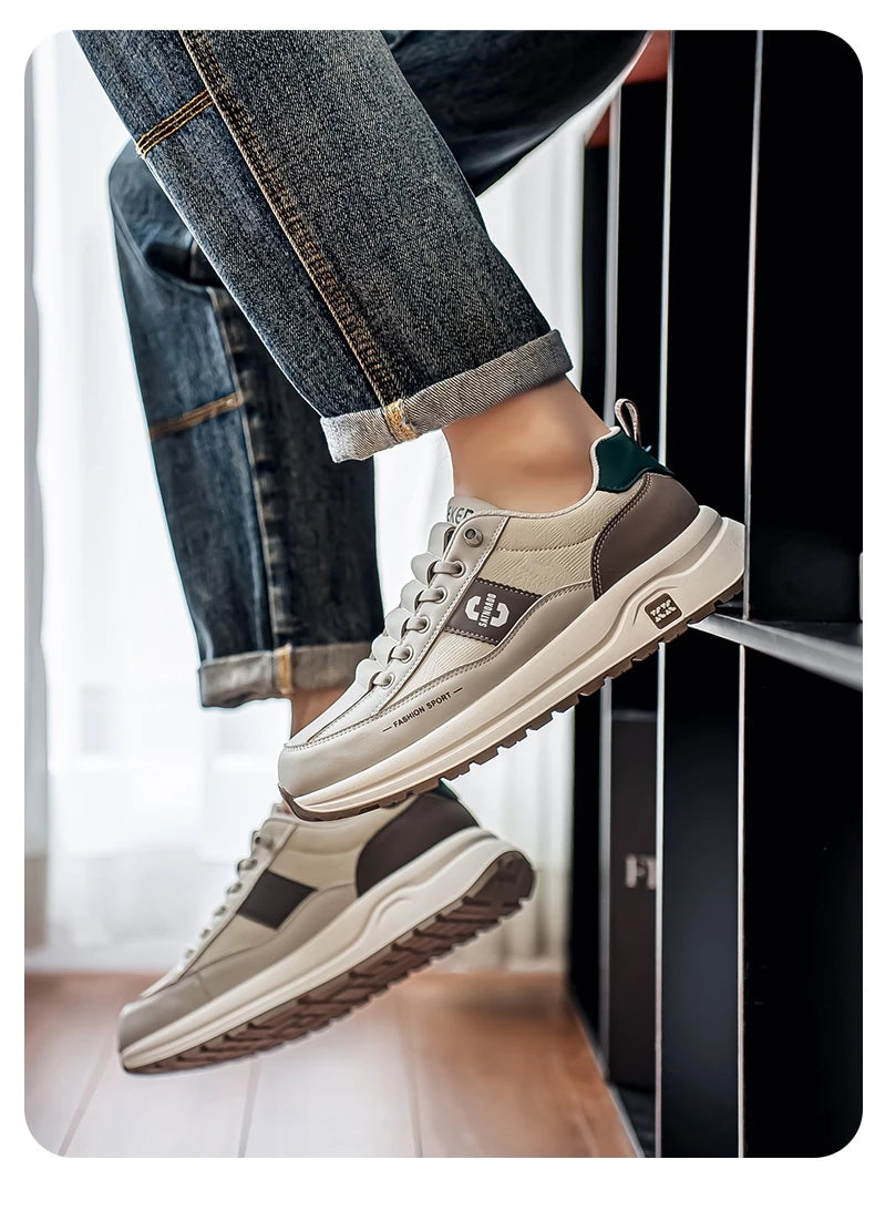 Men's Bonded Leather Lace-Up Casual Sneakers – Breathable Comfort, Non-Slip Rubber Outsole | Fashion Running Style | Black, Beige & Grey | Spring/Autumn
