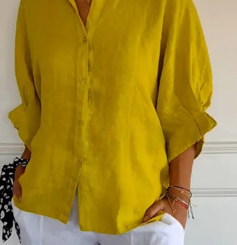 Women's Cotton Linen Button-Up Shirt - Casual Loose Fit Blouse for Summer