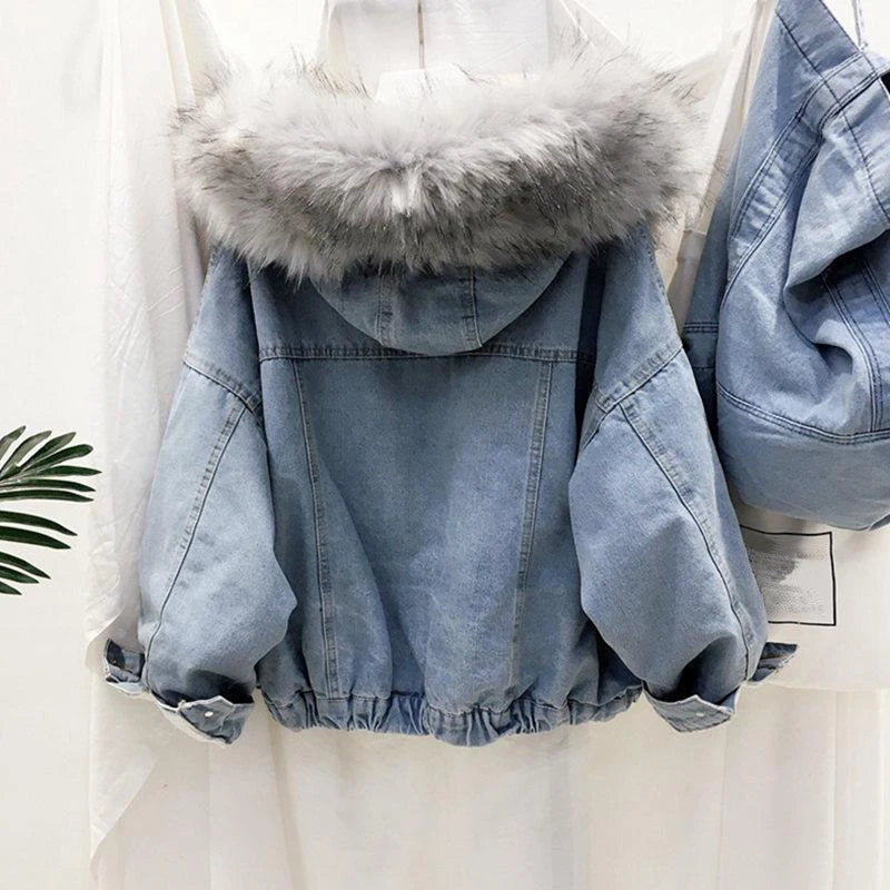 Women's Winter Denim Hooded Coat-Removable Fur Collar, Fleece Lined, Warm Cotton & Polyester Jacket.