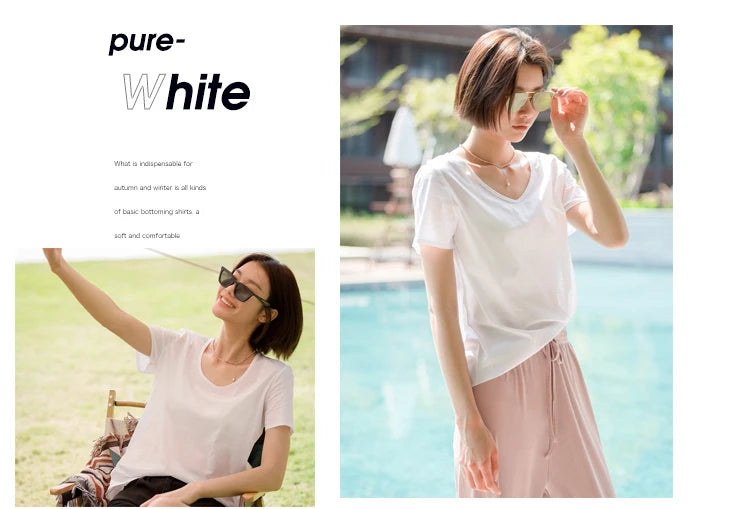 Eesswel Women's V-Neck Silk-Blend T-Shirt | Soft Breathable Summer Tee | Casual Short Sleeve Solid Top – Multiple Colors