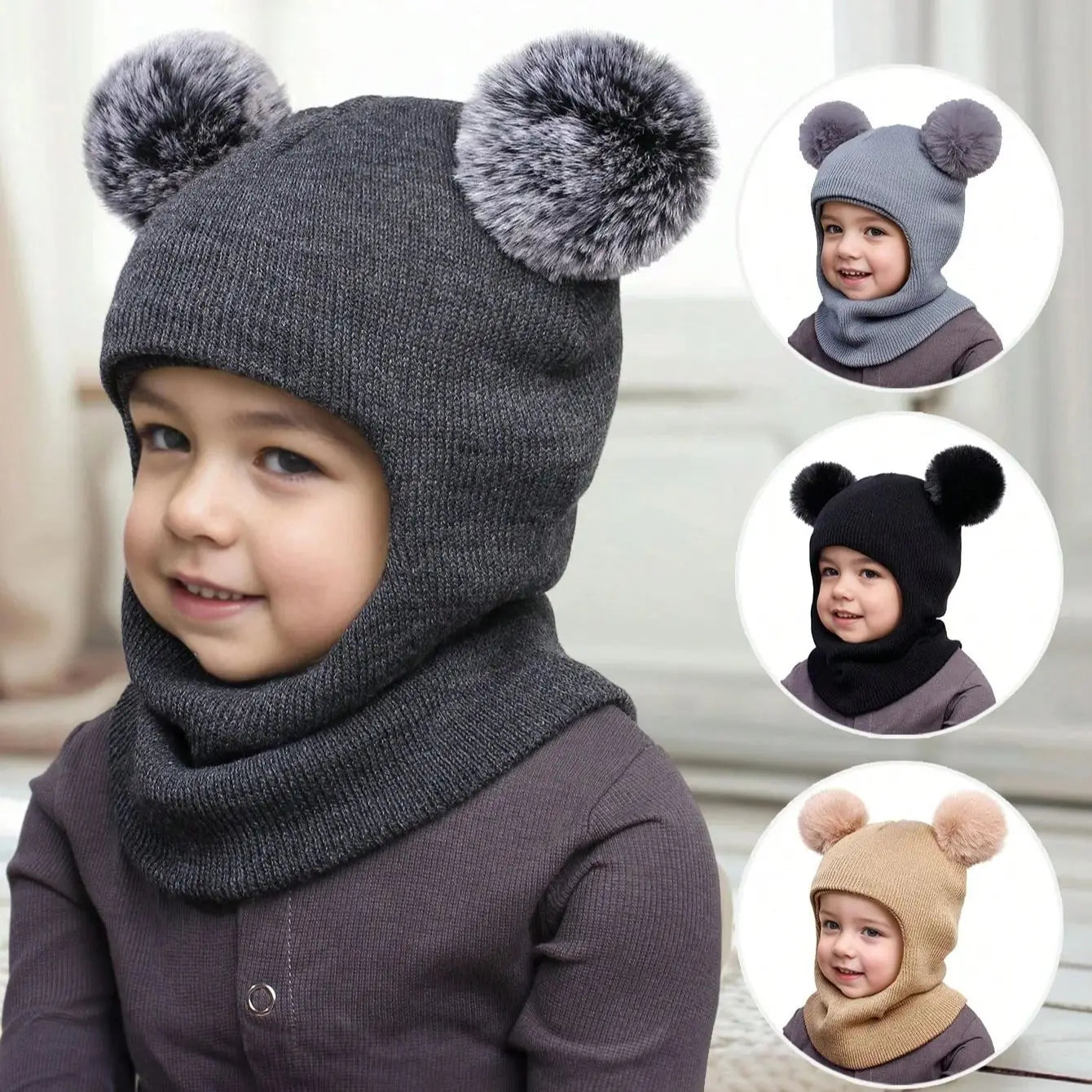 Unisex Adorable Kids Pom Pom Winter Hood - Knitted Hat & Scarf Combo | Cotton Ear-Protecting Balaclava