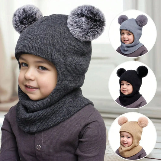 Unisex Adorable Kids Pom Pom Winter Hood - Knitted Hat & Scarf Combo | Cotton Ear-Protecting Balaclava