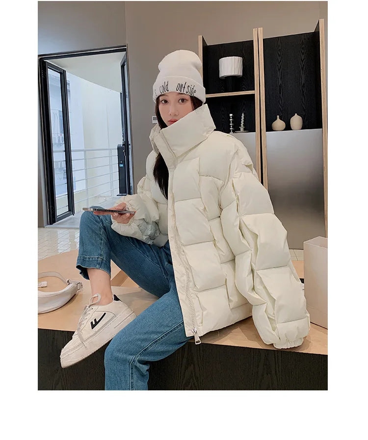 Women's Oversized Puffer Jacket - Warm Cotton Filled Winter Coat with Stand Collar