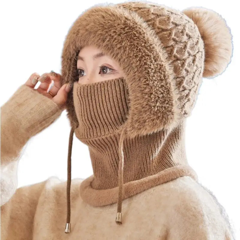 Women's 3-in-1 Winter Beanie Scarf Mask Set - Windproof Plush-Lined Faux Fur