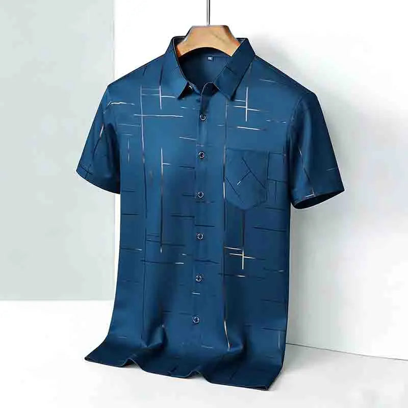 Men's 2026 Geometric Line Print Shirt Short Sleeve with Chest Pocket | 100% Cotton Button-Up Business Casual Daily Office Fashion Top.