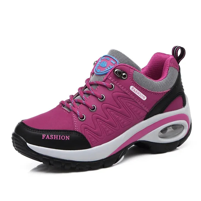 Women's Air Cushion Platform Sneakers - Waterproof Breathable Outdoor Athletic Shoes - Comfortable Lace-Up Hiking Sneakers