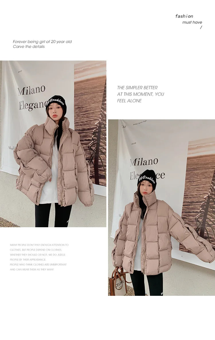 Women's Oversized Puffer Jacket - Warm Cotton Filled Winter Coat with Stand Collar