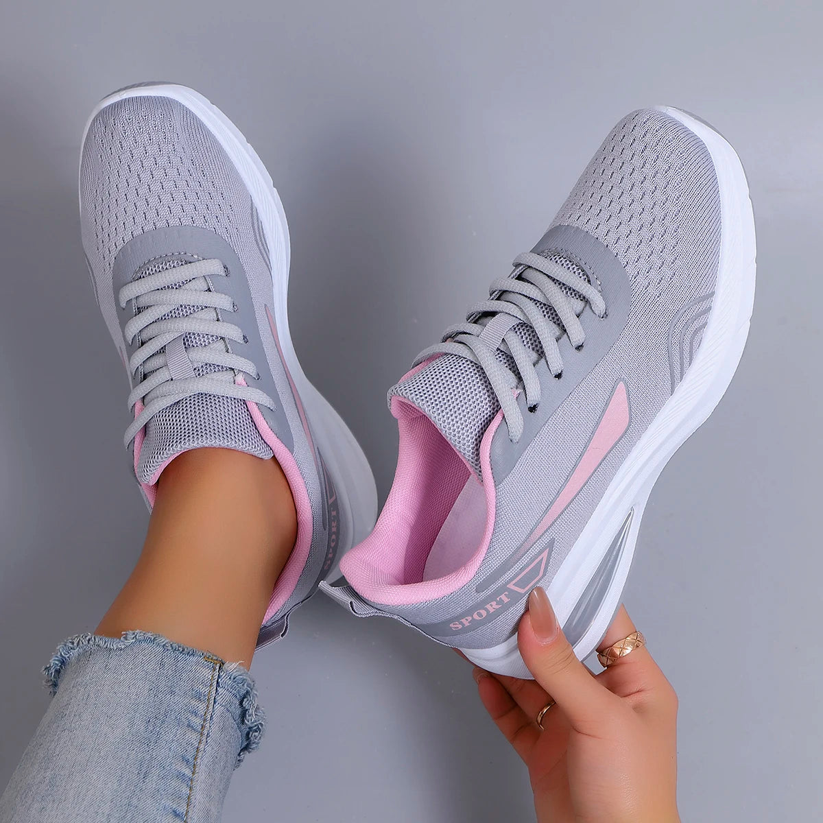 Women's Air Cushion Lace-Up Sneakers – Breathable Mesh Color-Block Running Style Shoes with Rubber Sole