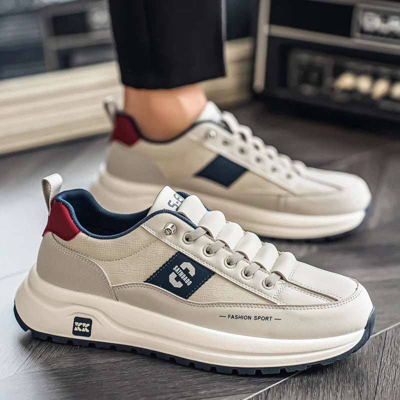 Men's Bonded Leather Lace-Up Casual Sneakers – Breathable Comfort, Non-Slip Rubber Outsole | Fashion Running Style | Black, Beige & Grey | Spring/Autumn