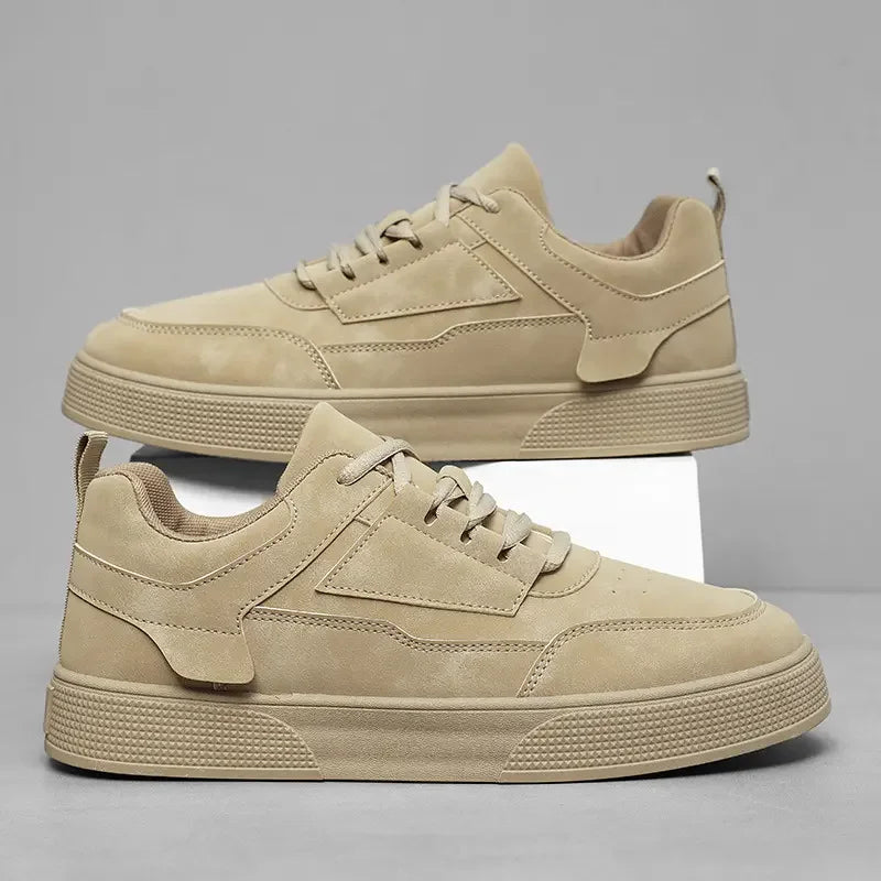 NIDENGBAO Men's Premium Leather Casual Sneakers – Breathable Lace-Up Walking Shoes | Round Toe | Grey & Beige | Spring/Autumn