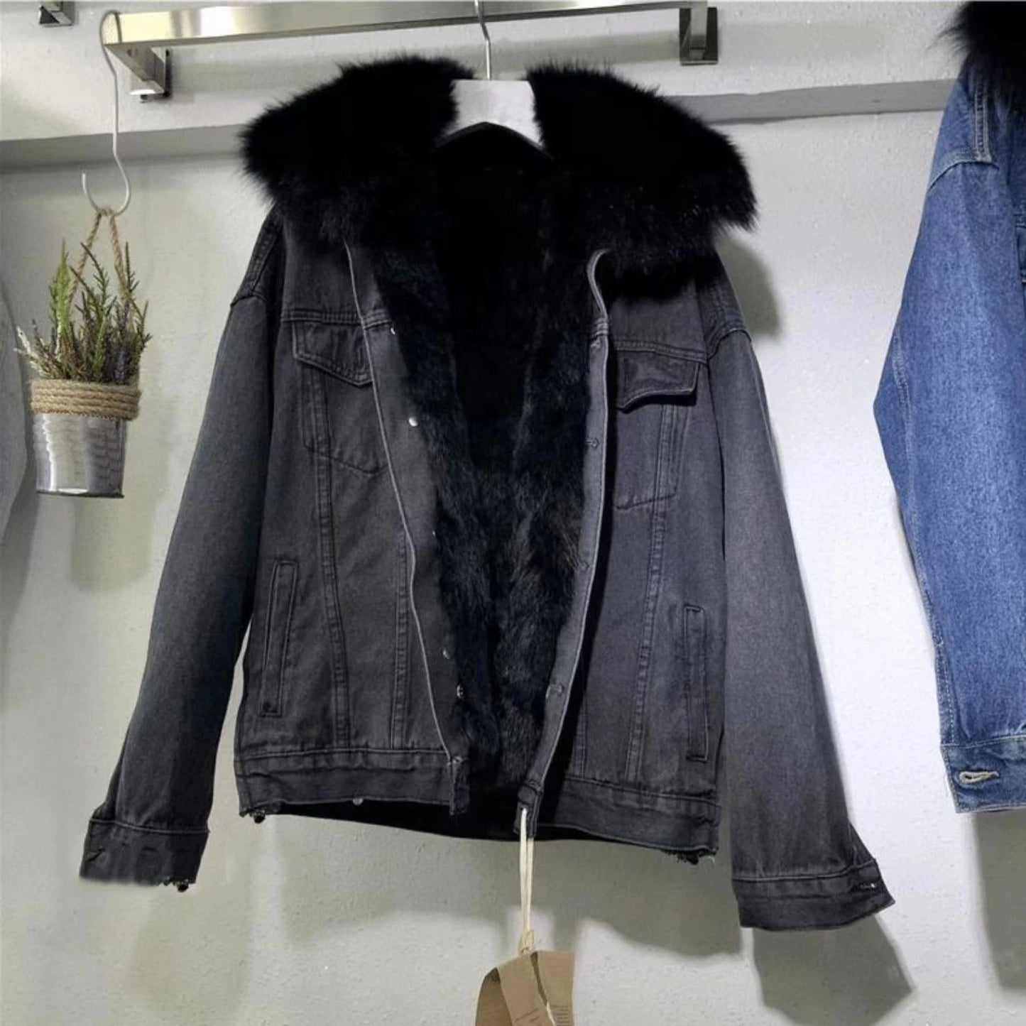 Women's Winter Denim Hooded Coat-Removable Fur Collar, Fleece Lined, Warm Cotton & Polyester Jacket.