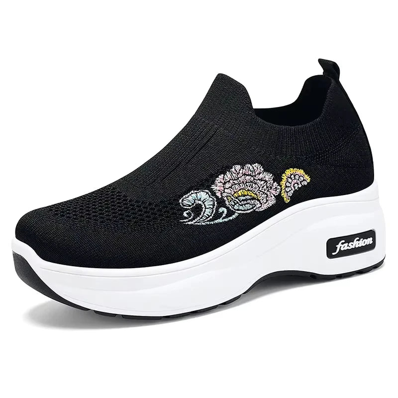 Women's Floral Embroidered Platform Slip-On Sneakers – Lightweight Mesh Walking Shoes with Cushioned Sole