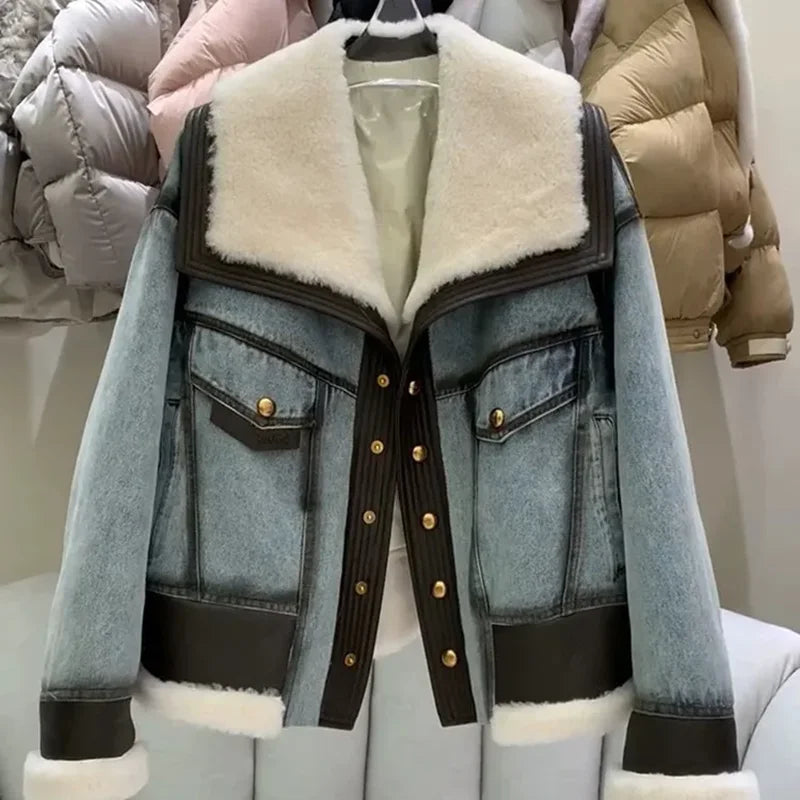 Women’s Premium Denim Winter Jacket - Natural Sheep Leather, White Fur Collar & Goose Down Lining