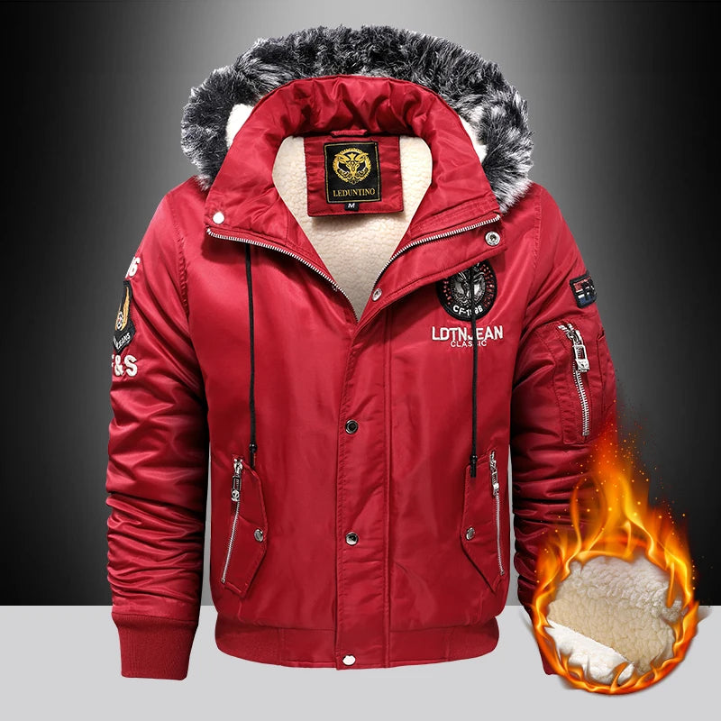 Men's Raw Edge Hooded Aviator Jacket - Winter Warmth with Embroidered Style.