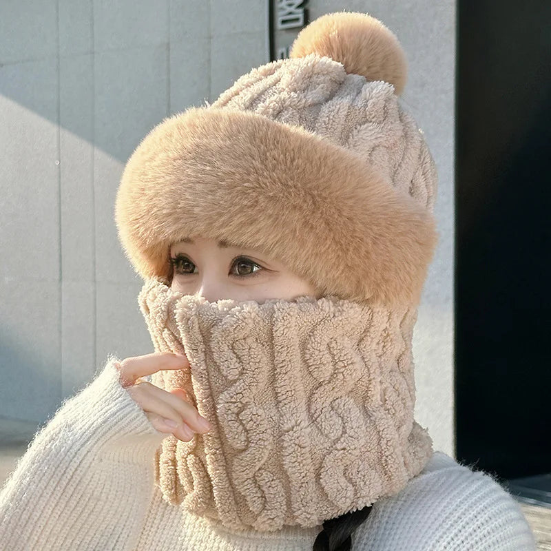 Women's Winter Pom Pom Beanie Hat Scarf Mask - One-Piece Fleece Bonnet
