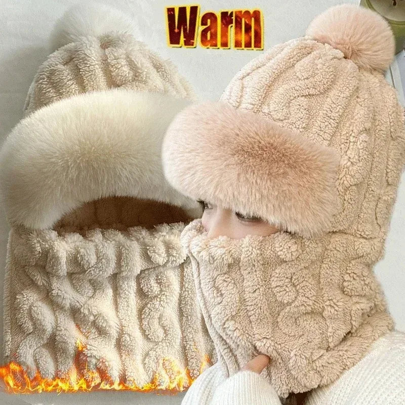 Women's Winter Pom Pom Beanie Hat Scarf Mask - One-Piece Fleece Bonnet