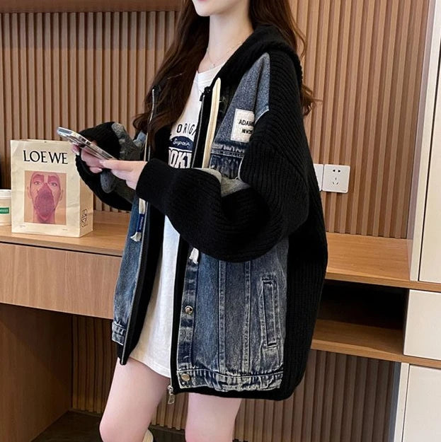 Women's Chic Black Denim Jacket-Winter 2024 Hooded Graphic Outerwear.