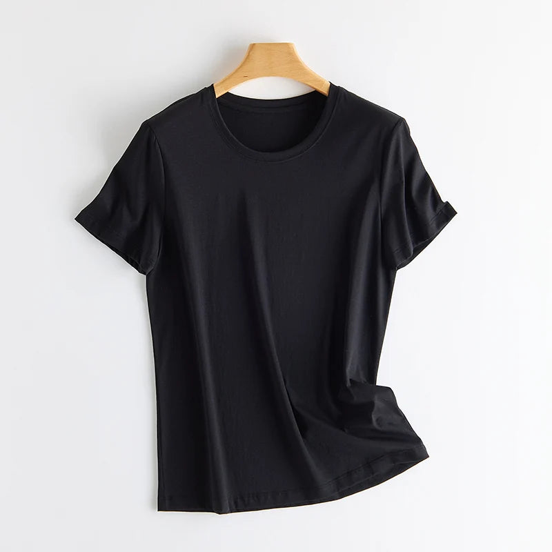 Eesswel Women's V-Neck Silk-Blend T-Shirt | Soft Breathable Summer Tee | Casual Short Sleeve Solid Top – Multiple Colors