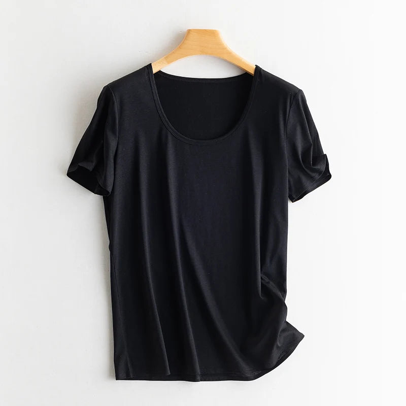 Eesswel Women's V-Neck Silk-Blend T-Shirt | Soft Breathable Summer Tee | Casual Short Sleeve Solid Top – Multiple Colors